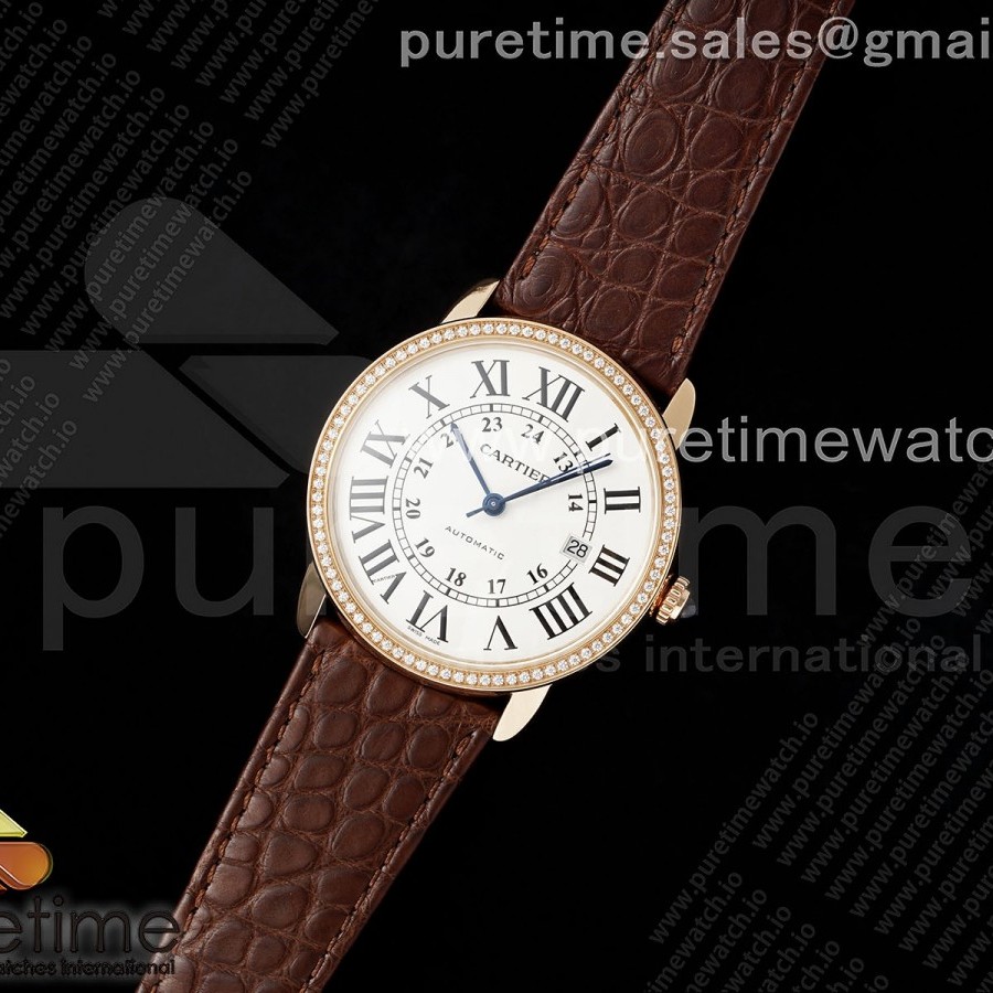 AF공장 까르띠에 롱드솔로 로즈골드금통 42mm 스틸 화이트다이얼 다이아몬드베젤 브라운가죽스트랩 Ronde Solo 42mm RG AF 1:1 Best Edition White Dial Diamonds Bezel on Brown Black Strap MIYOTA 9015