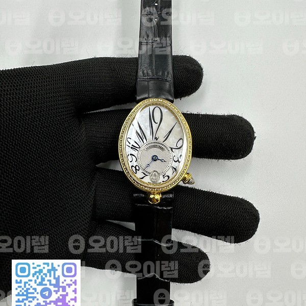 ZF공장 브레게 네이플 옐로우골드 금통 다이아몬드베젤 자개다이얼 아라빅인덱스 가죽스트랩 Reine de Naples YG ZF 1:1 Best Edition White Arabic Dial Diamonds Bezel on Black Leather Strap A537