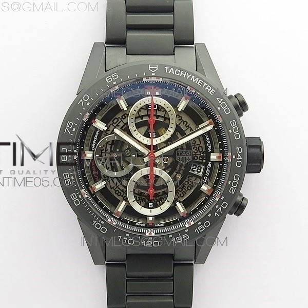 XF공장 칼리버호이어 세라믹 43MM 스켈레톤다이얼 Calibre Heuer 01 Chrono 43mm Ceramic XF 1:1 Best Edition Skeleton Dial (Red Second Hand) on Ceramic Bracelet A1887