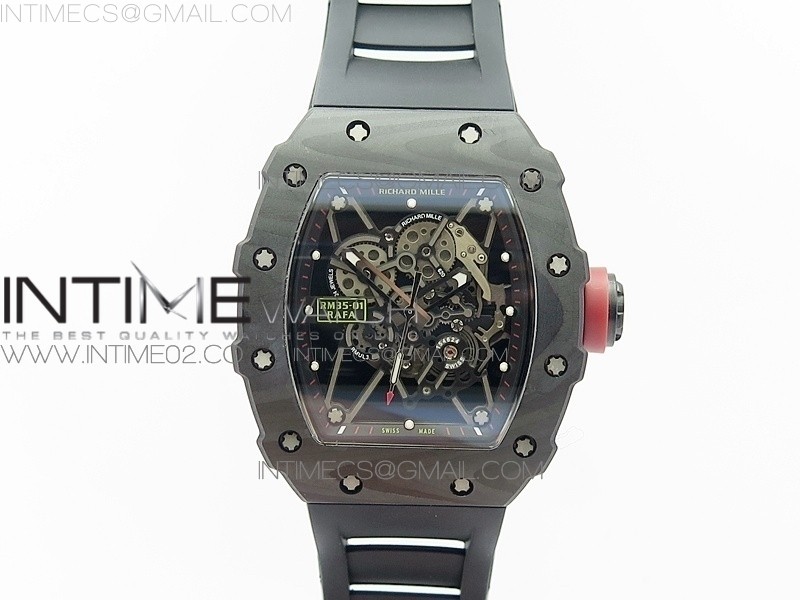 KV 리차드밀 RM035-01 카본케이스 스켈레톤다이얼 레드포인트크라운 RM035-01 FORGED CARBON CASE V2 SKELETON DIAL RED CROWN ON BLACK RUBBER STRAP MIYOTA8215