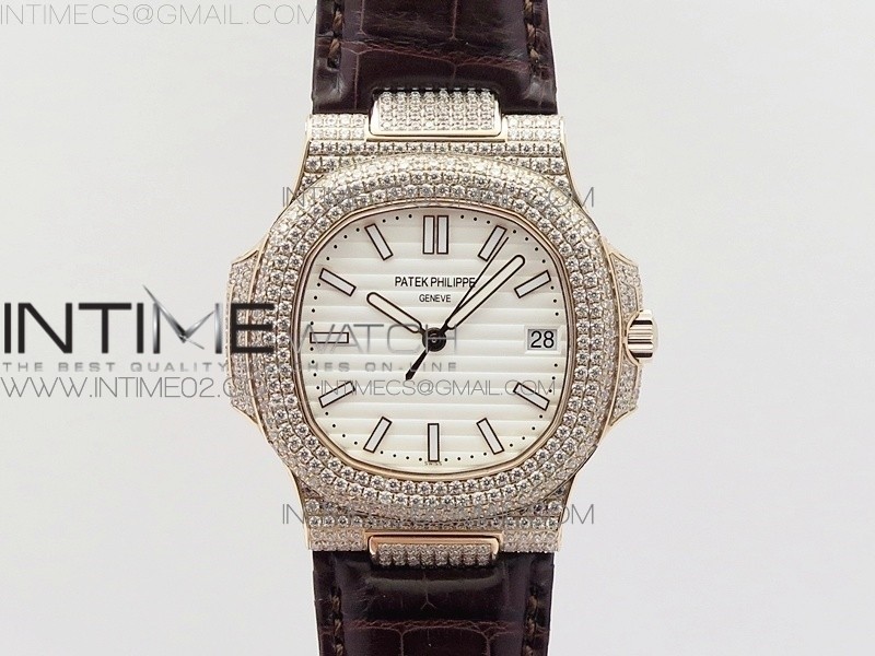 파텍필립 노틸러스 점보 5711 풀다이아몬드 로즈골드 화이트다이얼 악어가죽스트랩 NAUTILUS JUMBO 5711 RG FULL PAVED DIAMONDS WHITE DIAL CASE ON BROWN CROCO LEATHER STRAP A324
