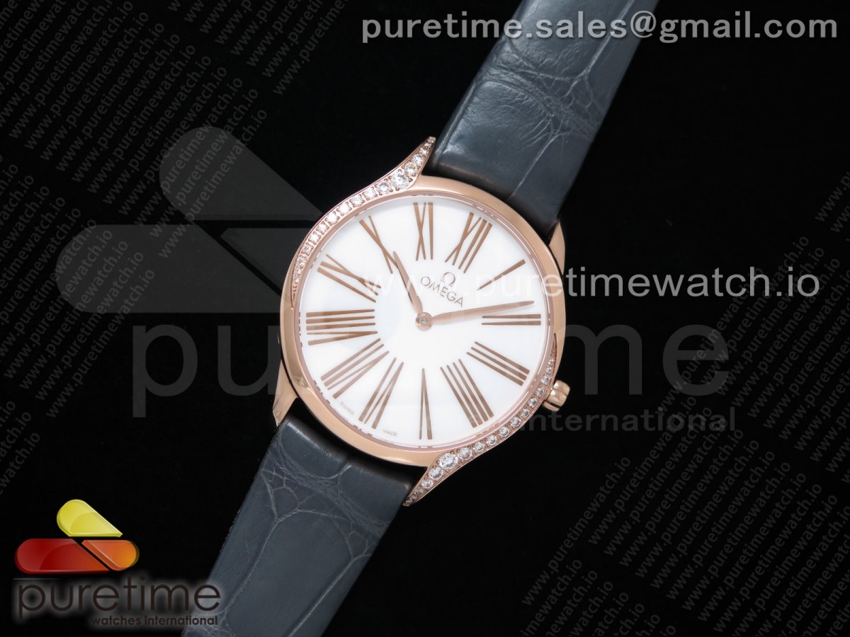 오메가 드빌 트레소르 퀴츠 로골 화이트다이얼 가죽스트랩 De Ville Tresor Quartz 36mm Ladies RG White Dial on Black Leather Strap Ronda Quartz