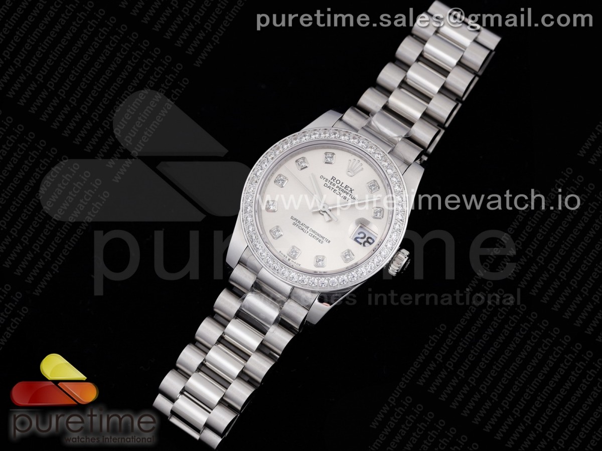 GM공장 롤렉스 데이저스트 31 실버다이얼 브레이슬릿 DateJust 31 Ladies 278289 GMF 316L Steel Silver Dial Diamonds Bezel and Markers on President Syle Bracelet