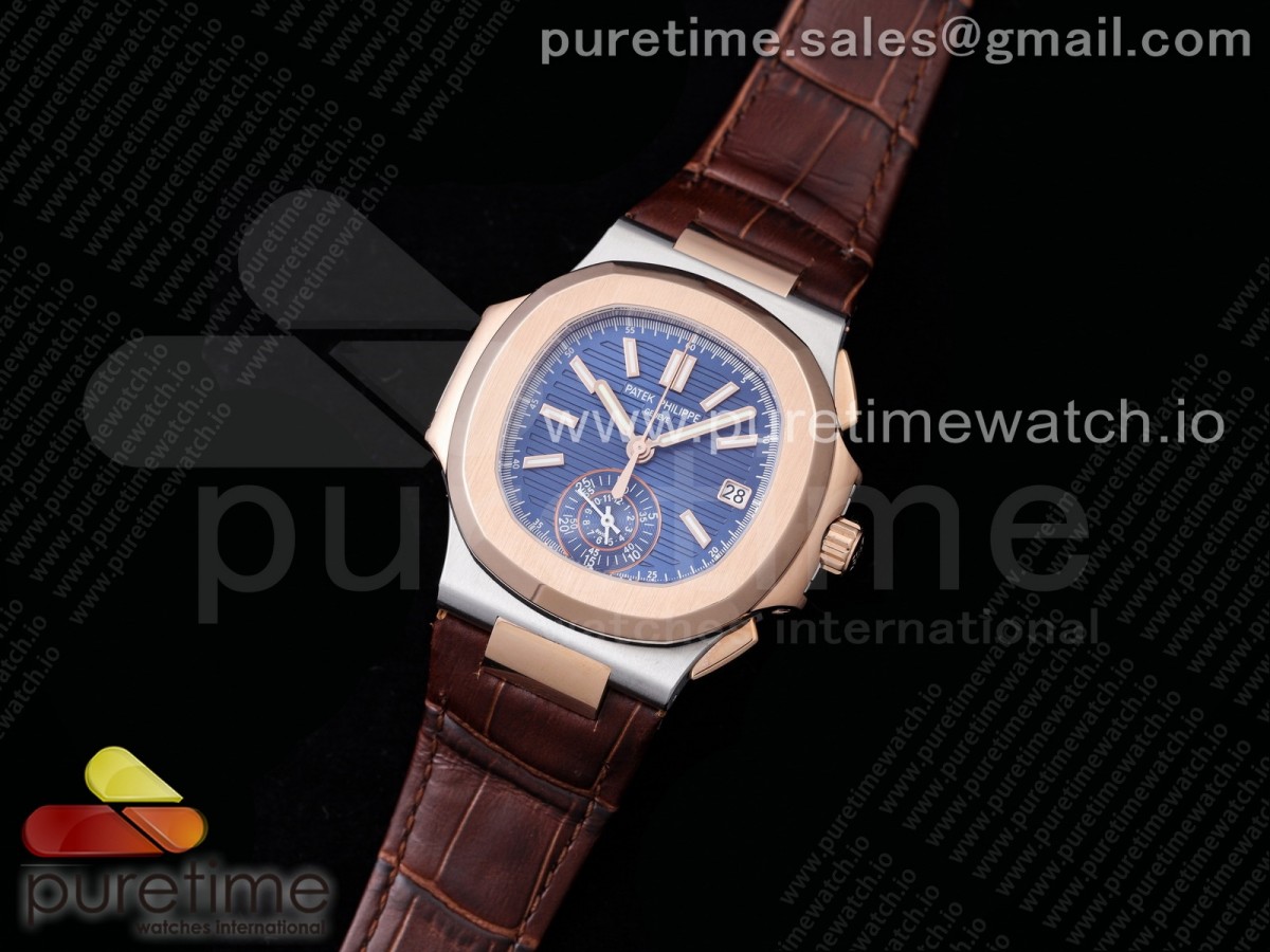 3K공장 파텍필립 노틸러스 로골 블루다이얼 가죽스트랩 Nautilus 5980 SS/RG 3KF Best Edition Blue Dial on Brown Leather Strap A7750