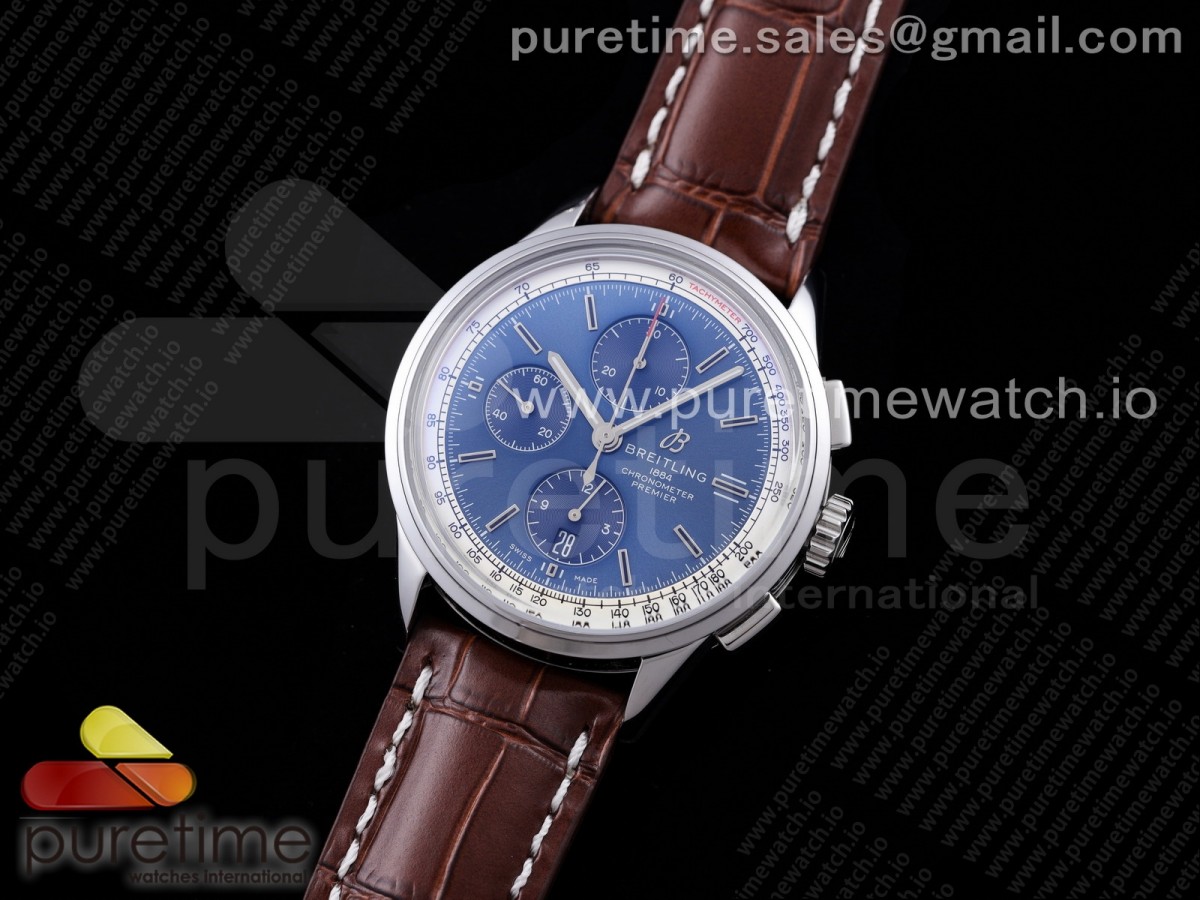 OX공장 브라이틀링 프리미에르 블루다이얼 가죽 Premier Chronograph 42 OXF 1:1 Best Edition Blue Dial on Brown Leather Strap A7750