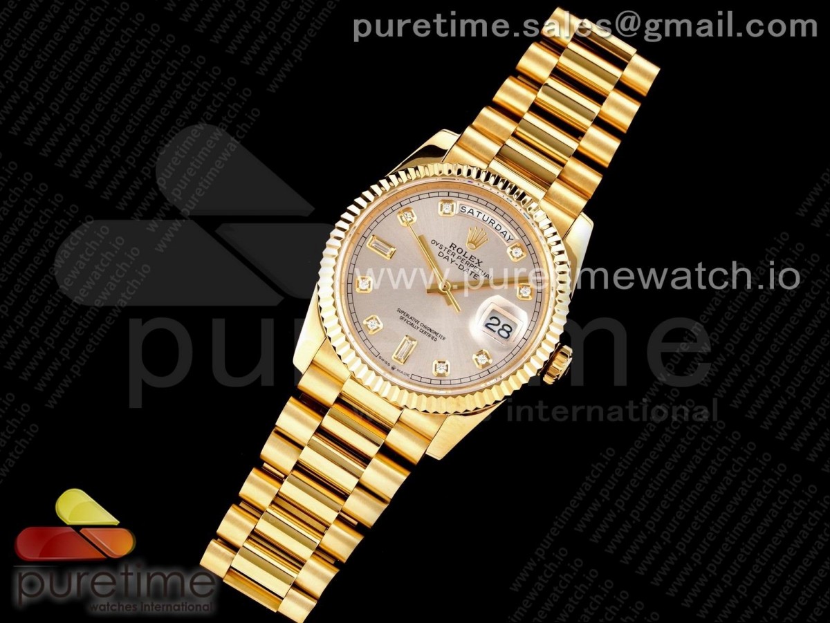 GM공장  롤렉스 데이데이트 40 옐로우골드 금통 실버다이얼 2836 Day Date 40 YG 904L Steel Fluted Bezel GMF 1:1 Best Edition Silver Diamonds Dial on YG Bracelet A2836