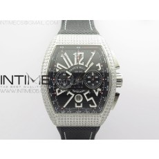 AB공장 뱅가드 블랙다이얼 거미스트랩 Vanguard V45 Chrono Brushed SS Pave Crystals ABF Best Edition Black Dial on Black Gummy Strap A7750