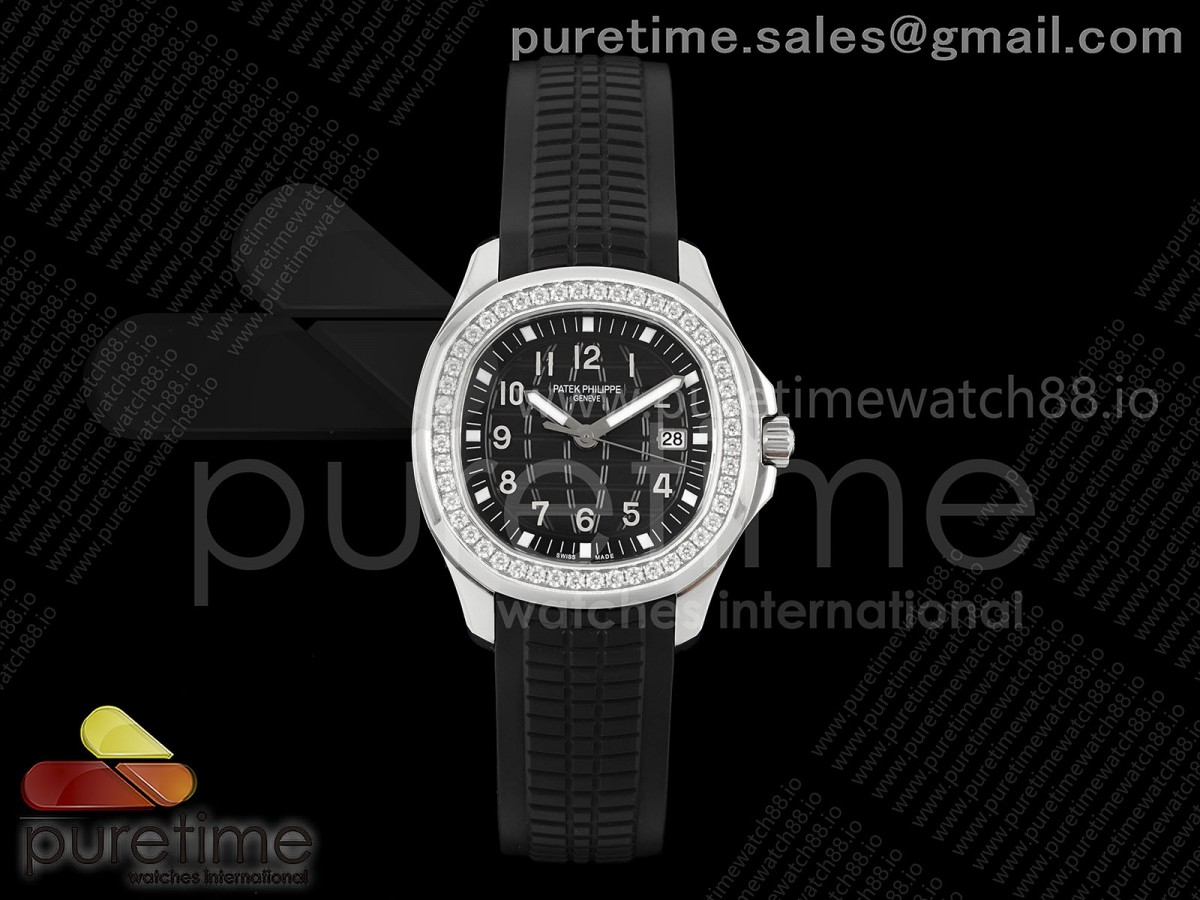 PP공장 파텍필립 아쿠아넛 5267 블랙다이얼 다이아몬드베젤 블랙러버스트랩 Aquanaut 5267 SS PPF 1:1 Best Edition Black Textured Dial on Black Rubber Strap Ronda Quartz